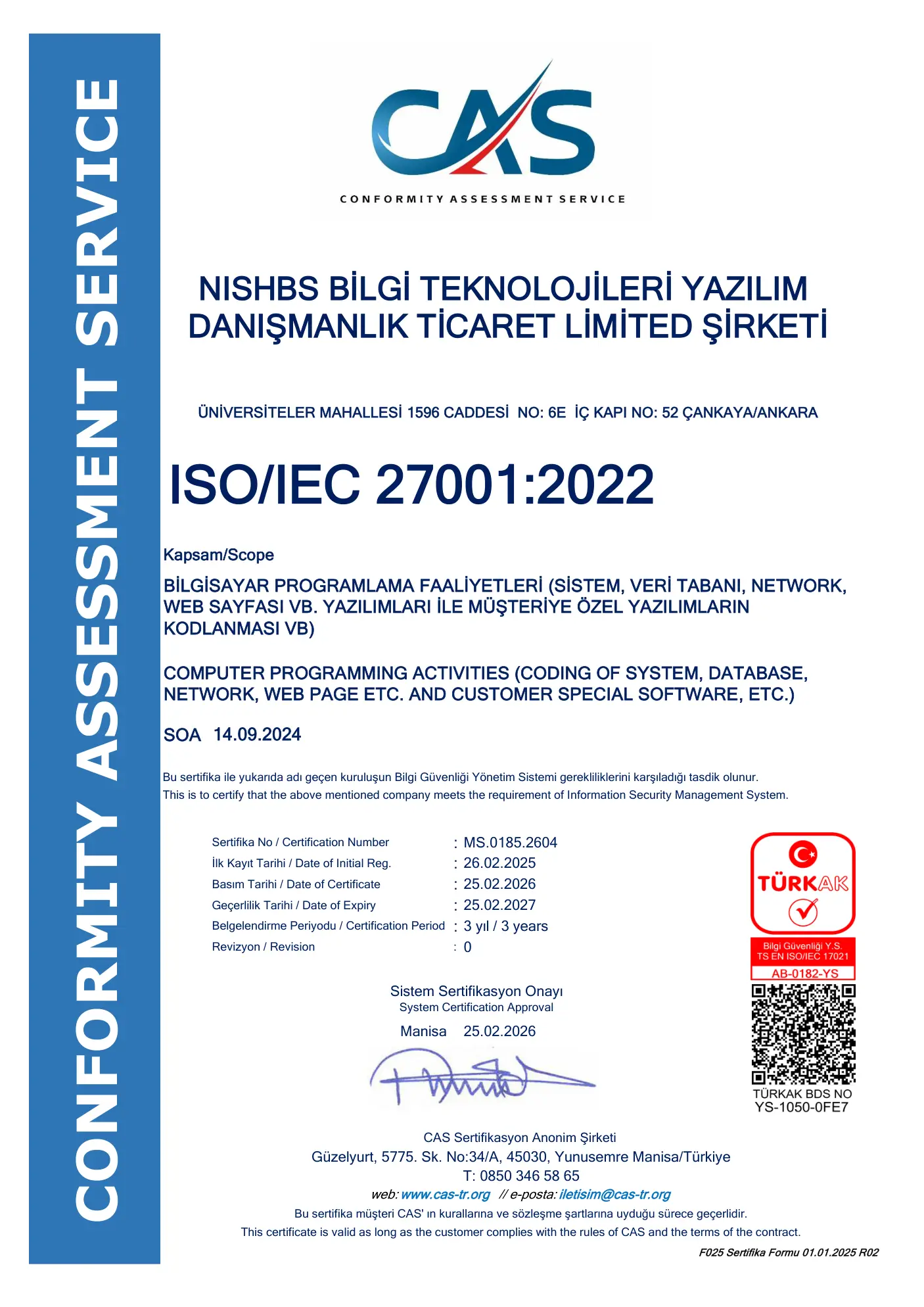 ISO/IEC 27001:2022 Information Security Management System certificate