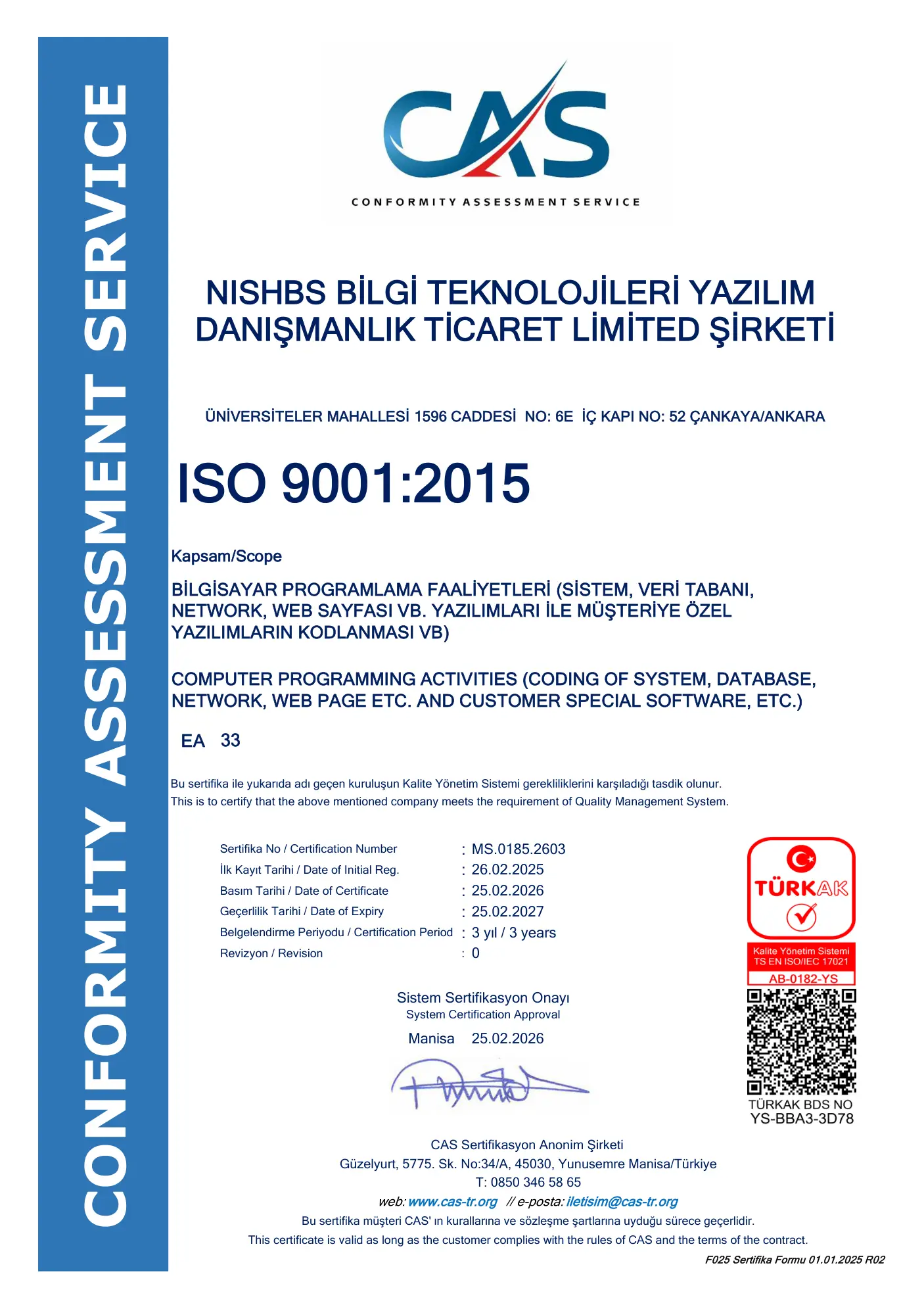 ISO 9001:2015 Quality Management System certificate